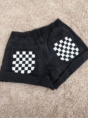 Aviator Nation Black Jean Shorts with White Checkerboard Pockets